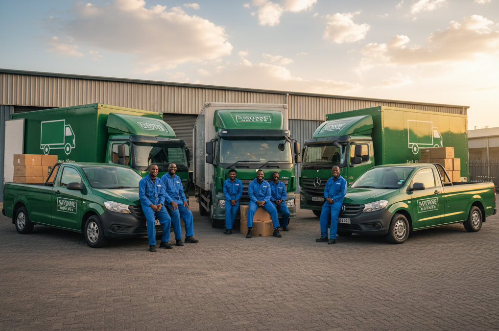Savonne Movers fleet of green trucks and team in Johannesburg